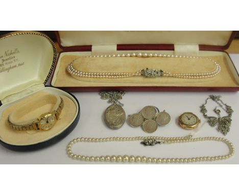 A quantity of vintage dress jewellery to inc pearls, gold watch, Victorian coin, brooch and silver