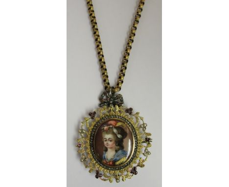 A 19th century Austro-Hungarian enamel miniature portrait of Marie Antoinette in pendant set with diamonds, pearls and rubies