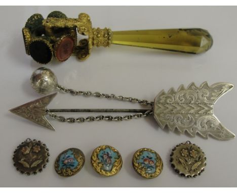 A Victorian multi-stone seal on handle, silver arrow brooch Exeter hallmark H Ellis and buttons