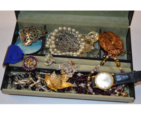 A box of various costume jewellery; a wrist watch etc.