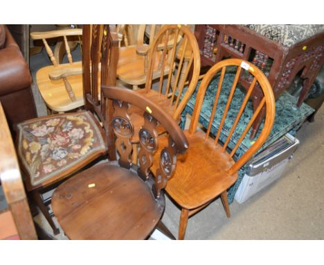 A pair of elm seated stick back kitchen chairs together with one other kitchen chair and an Edwardian mahogany side chair  