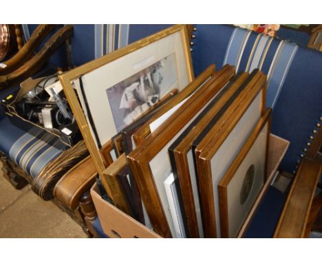 A box of various pictures and prints and a needlework firescreen 