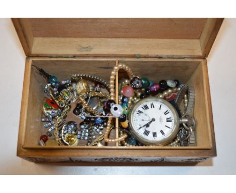 A carved wooden jewellery box containing a pocket watch; various wrist watches; a silver signet ring etc. 