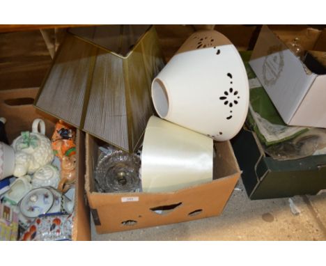 A box containing a chandelier in the form of daisies; cut glass shade and other lamps