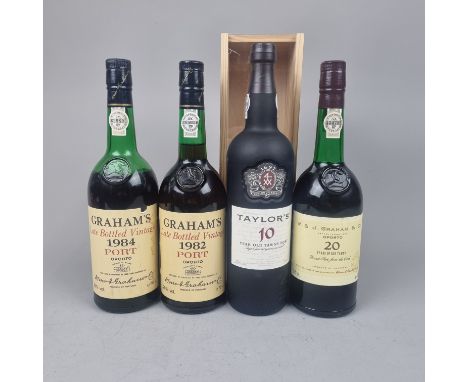 4 Bottles Port comprising:   Graham's 1982 and 1984 Late Bottled Vintage Port,  Taylors 10 Year Old Tawny Port Bottled 2007 W