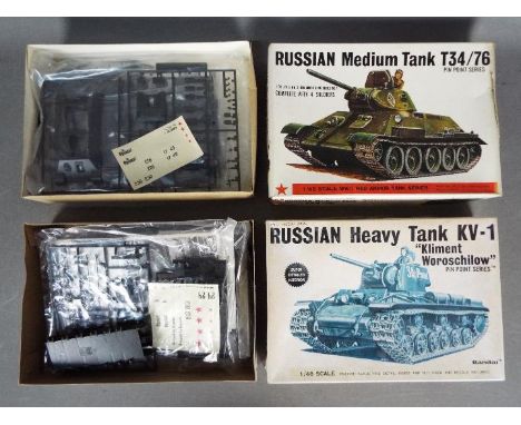 Bandai - 2 unmade 1:48 scale boxed Russian tank model kits, # 8371 KV-1 heavy tank and # 8373 T34/76 medium tank. Both models