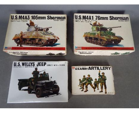 Four Bandai WWII U.S. Armoured Division Pin Point series model kits. 1 / 48 Scale. # 8264 No.1 "U.S. M4A3 76mm Sherman" Tank.