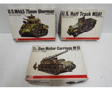 Three Bandai WWII U.S. Armoured Division / Pin Point series model kits. 1:48 Scale. # 8289 No.104 "Gun Motor Carriage M12" wi