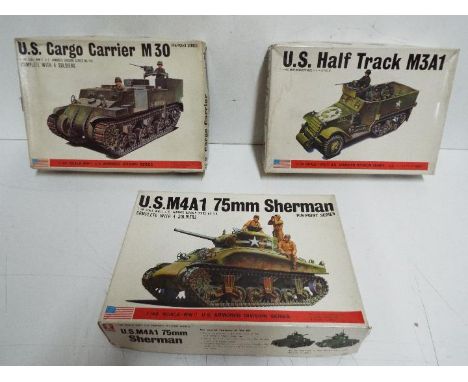 Three Bandai WWII U.S. Armoured Division / Pin Point series model kits. 1:48 Scale. # 8290 No. 110 - "U.S Cargo Carier M30" w