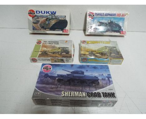 Five x AIRFIX / Humbrol WWII series model kits."AEC MATADOR + 5.5 INCH GUN", "M4 SHERMAN Mk.1 TANK", 1:72 scale "DUKW", "BUFF