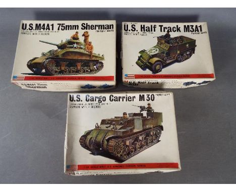 Three Bandai WWII U.S. Armoured Division / Pin Point series model kits. 1:48 Scale. # 8290 No. 110 - "U.S Cargo Carier M30" w