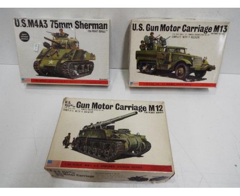 Three Bandai WWII U.S. Armoured Division / Pin Point series model kits. 1:48 Scale. # 8289 No.104 "Gun Motor Carriage M12" wi