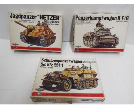 Three Bandai WWII German Panzertruppe / Pin Point series model kits. 1:48 Scale. # 8239 Series No. 9 "HETZER" Jagdpanzer Tank