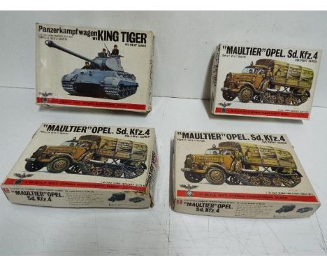 Four Bandai WWII German Panzertruppe / Pin Point series model kits. 1:48 Scale. #8241-400 No.12 "Panzerkampfwagen KING TIGER 