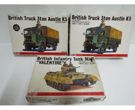 Bandai - 3 boxed unmade Bandai 1/48 scale British military model kits including #8361 Austin K5 3 ton lorry x 2, # 8364 Infan