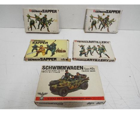 Five Bandai WWII German Panzertruppe / Pin Point series model kits. 1:48 Scale. #8237 "SCHWIMMWAGEN" Type K2s car. Together w