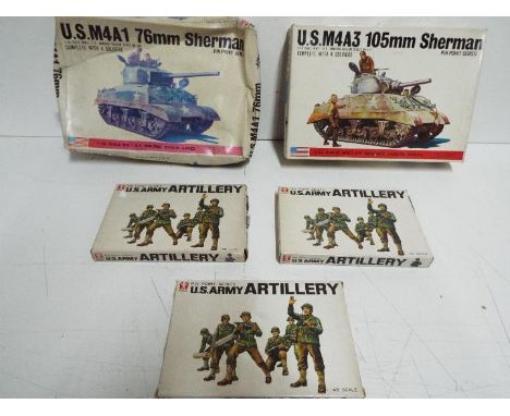 Five Bandai WWII U.S. Armoured Division Pin Point series model kits. 1 / 48 Scale. # 8264 No.1 "U.S. M4A3 76mm Sherman" Tank.