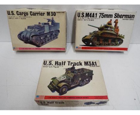 Three Bandai WWII U.S. Armoured Division / Pin Point series model kits. 1:48 Scale. # 8290 No. 110 - "U.S Cargo Carier M30" w