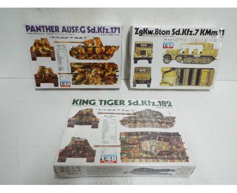 Fuman - Lot of 3 factory sealed 1/48 scale military model kits including #FM 065 Panther, # FM 147 8 Ton half track, # FM 148