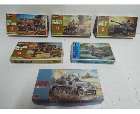 Hasegawa - 6 unmade 1:72 scale military model kits including # 8 Tiger 1, # 9 Panther G, # 11 8 Ton Half Track. All kits are 