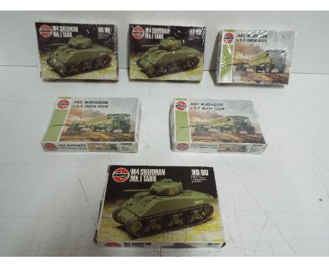 Six x AIRFIX / Humbrol Series 1 - H0/00 - WWII series model kits. Three x"AEC MATADOR + 5.5 INCH GUN" and three x "M4 SHERMAN