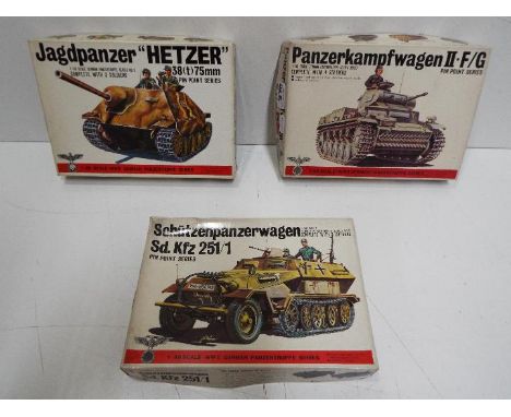 Three Bandai WWII German Panzertruppe / Pin Point series model kits. 1:48 Scale. # 8239 Series No. 9 "HETZER" Jagdpanzer Tank