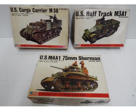 Three Bandai WWII U.S. Armoured Division / Pin Point series model kits. 1:48 Scale. # 8290 No. 110 - "U.S Cargo Carier M30" w