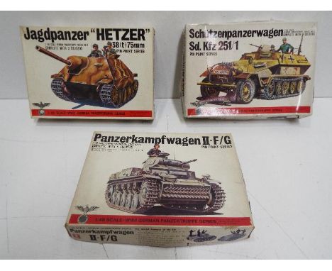 Three Bandai WWII German Panzertruppe / Pin Point series model kits. 1:48 Scale. # 8239 Series No. 9 "HETZER" Jagdpanzer Tank