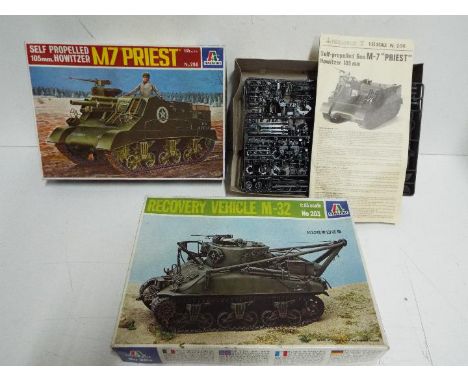 Italeri - Lot of 2 unmade 1:35 scale military model kits, # 203 M-32 Recovery Vehicle, # 206 M7 Priest. Both kits are unseale