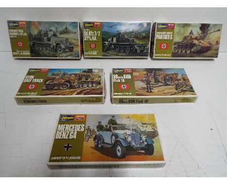 Hasegawa - 6 unmade 1:72 scale military model kits including # 9 Panther G, # 10 88mm Flak 18 Gun, # 29 Mercedes Benz G4. All