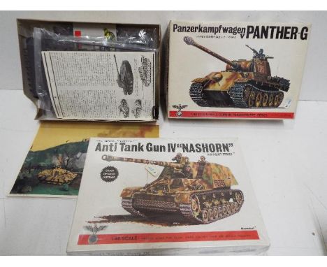 Two Bandai - WWII German Panzertruppe tank model kits. 1:48 Scale. Both unmade. # 8258 NASHORN Anti tank gun IV - Factory sea