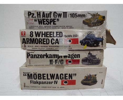 Four Bandai WWII German Panzertruppe / Pin Point series model kits. 1:48 Scale. # 8261 Series 20 Panzerkampfwagen II.F/G Tank