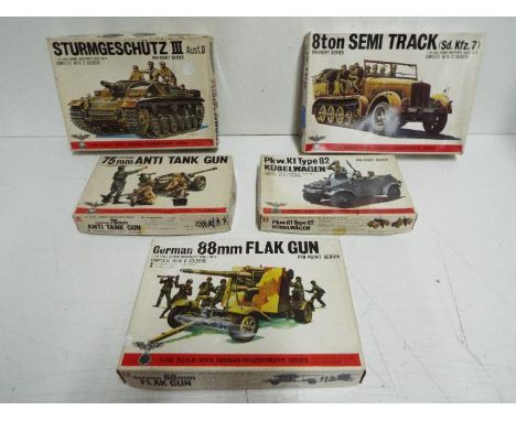 Five Bandai WWII German Panzertruppe / Pin Point series model kits. 1:48 Scale. #8235-350 "8 TON SEMI TRACK (Sd. Kfz.7)", # 8