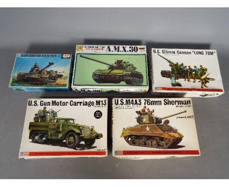 Five model kits including two Bandai WWII U.S. Armoured Division Pin Point series. 1 / 48 and 1/50 Scale. # 8264 No.1 "U.S. M