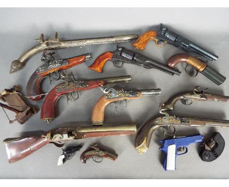 Lindberg, Pyro, King, Lone Star Others - A cache of built plastic model guns, plus thre vintage cap guns. Lot includes a Lind
