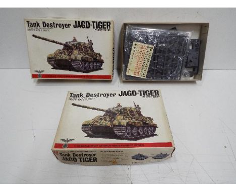 Two Bandai - WWII German Panzertruppe series model kits. 1:48 Scale. Both are # 8259 Series 17 "JAGD-TIGER" Tank destroyers w