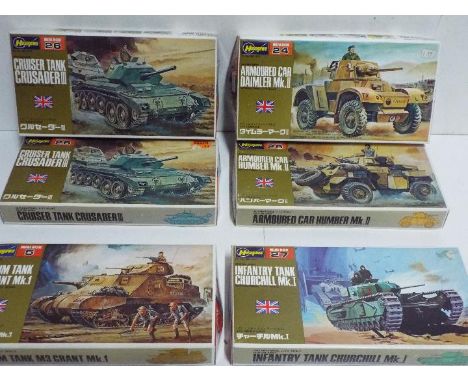 Hasegawa - 6 boxed unopened 1:72 scale British military model kits including # 5 M3 Grant medium tank, # 24 Daimler MkII armo