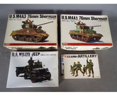 Four Bandai WWII U.S. Armoured Division Pin Point series model kits. 1 / 48 Scale. # 8264 No.1 "U.S. M4A3 76mm Sherman" Tank.