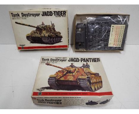 Two Bandai - WWII German Panzertruppe series model kits. 1:48 Scale. # 8259 Series 17 "JAGD-TIGER" Tank destroyers with 3 x s