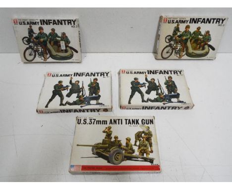 Five Bandai WWII Pin Point series model kits. 1:48 Scale. Two x # 8290 No.3 "U.S ARMY INFANTRY" Together with two No.21 #8287