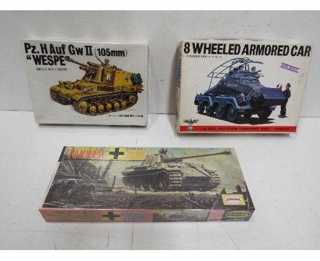 Three model kits to include, two Bandai WWII German Panzertruppe series. 1:48 Scale. # 8221 "WESPE" Pz. H Auf Gw II (105mm) T