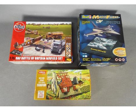 Airfix, Revell - Three boxed plastic model kits. Lot includes Revell 1:144 scale #09100 Magic Flight Dassault Rafale M; Airfi