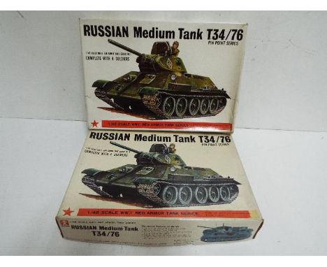 Bandai - 2 boxed unmade Bandai 1:48 scale Russian tank model kits. Both kits are # 8373 Russian T34/76 medium tanks and are i