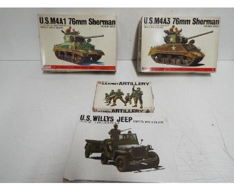 Four Bandai WWII U.S. Armoured Division Pin Point series model kits. 1 / 48 Scale. # 8264 No.1 "U.S. M4A3 76mm Sherman" Tank.