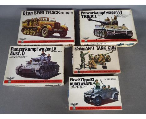 Five Bandai WWII German Panzertruppe / Pin Point series model kits. 1:48 Scale. #8235-350 "8 TON SEMI TRACK (Sd. Kfz.7)", # 8