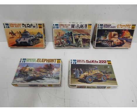 Fujimi - 5 boxed unmade 1:76 scale military model kits including # 2 88 mm Flak 18 gun, # 10 German 222 scout car, # 13 Germa