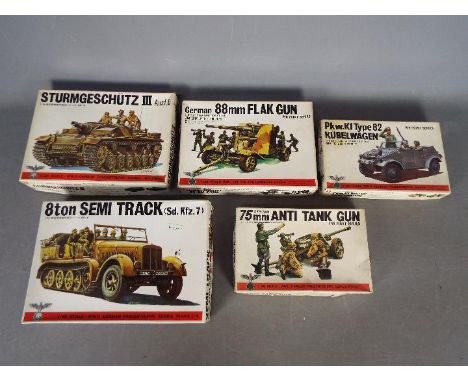 Five Bandai WWII German Panzertruppe / Pin Point series model kits. 1:48 Scale. #8235-350 "8 TON SEMI TRACK (Sd. Kfz.7)", # 8