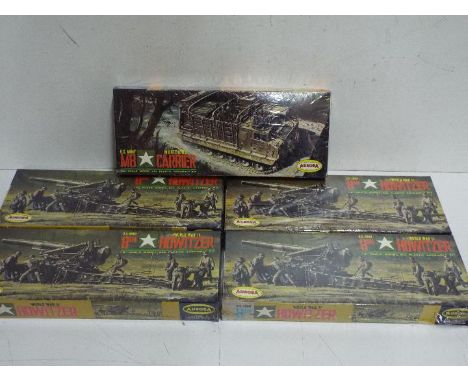 Aurora 5 factory sealed 1/4" scale U.S. Army model kits including #307-98 Howitzer x 4, #309-98 M8 munitions carrier. All are