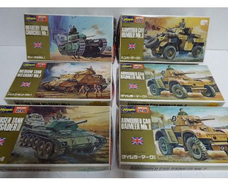 Hasegawa - 6 boxed unmade 1:72 scale British military model kits including # 5 Grant M3 medium tank, # 25 Humber MkII armoure