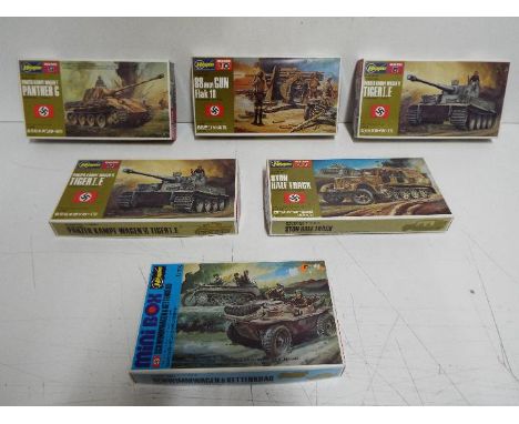 Hasegawa - 6 unmade 1:72 scale military model kits including # 10 Flak 18 Gun, # 11 8 Ton Half Track, # 13 Schwimmwagen. All 